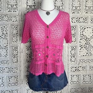 Koret Pink Open Knit Coquette Cardigan With Stone & Beading Details Sz‎ Medium